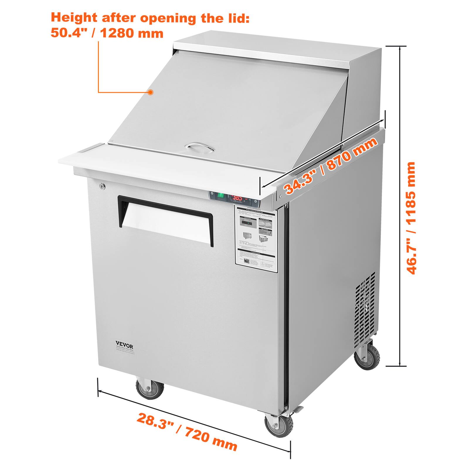 Height after opening the lid:  
50.4" / 1280 mm  

34.3" / 870 mm  

46.7" / 1185 mm  

28.3" / 720 mm
