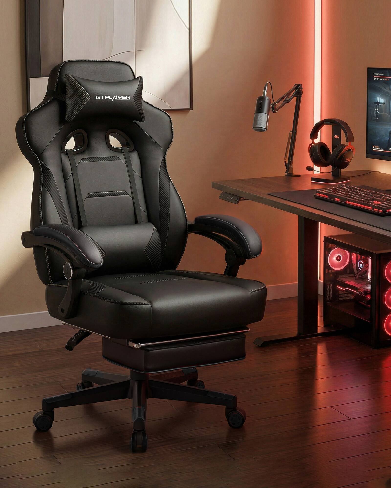 GTPlayer - Gaming Chair with Footrest Big and Tall Racing Style Computer Chair - Black