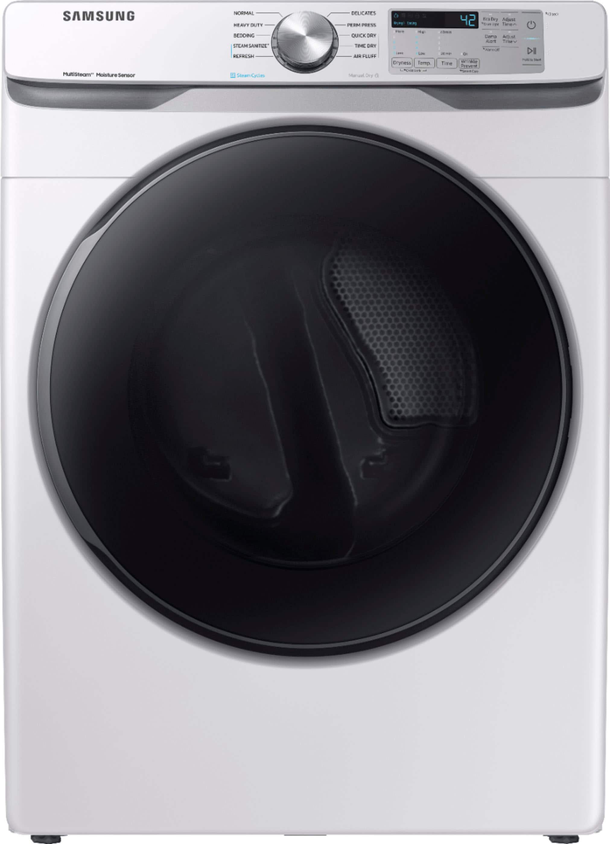 Front. Samsung - Open Box 7.5 Cu. Ft. Stackable Electric Dryer with Steam and Sensor Dry - White.
