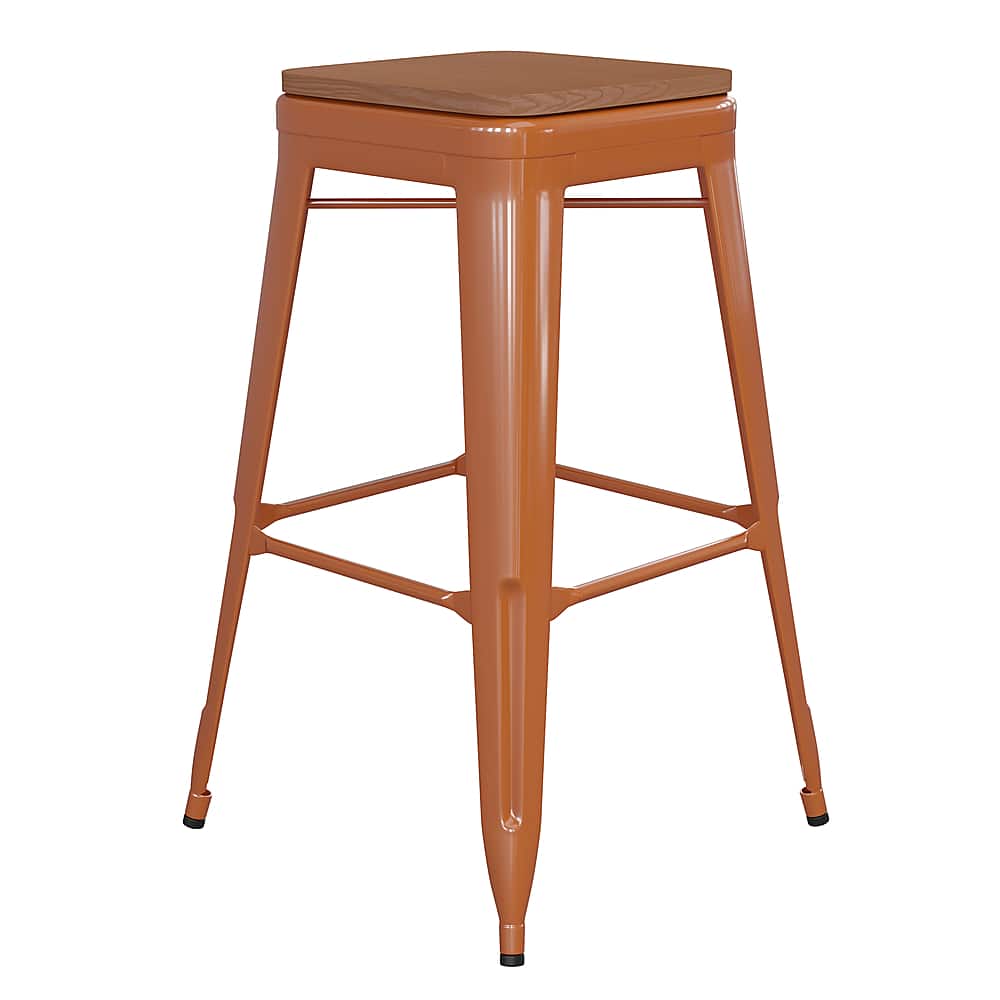 Front. Alamont Home - Kai Indoor/Outdoor Backless Bar Stool with Poly Seat - Orange/Teak - Orange/Teak.