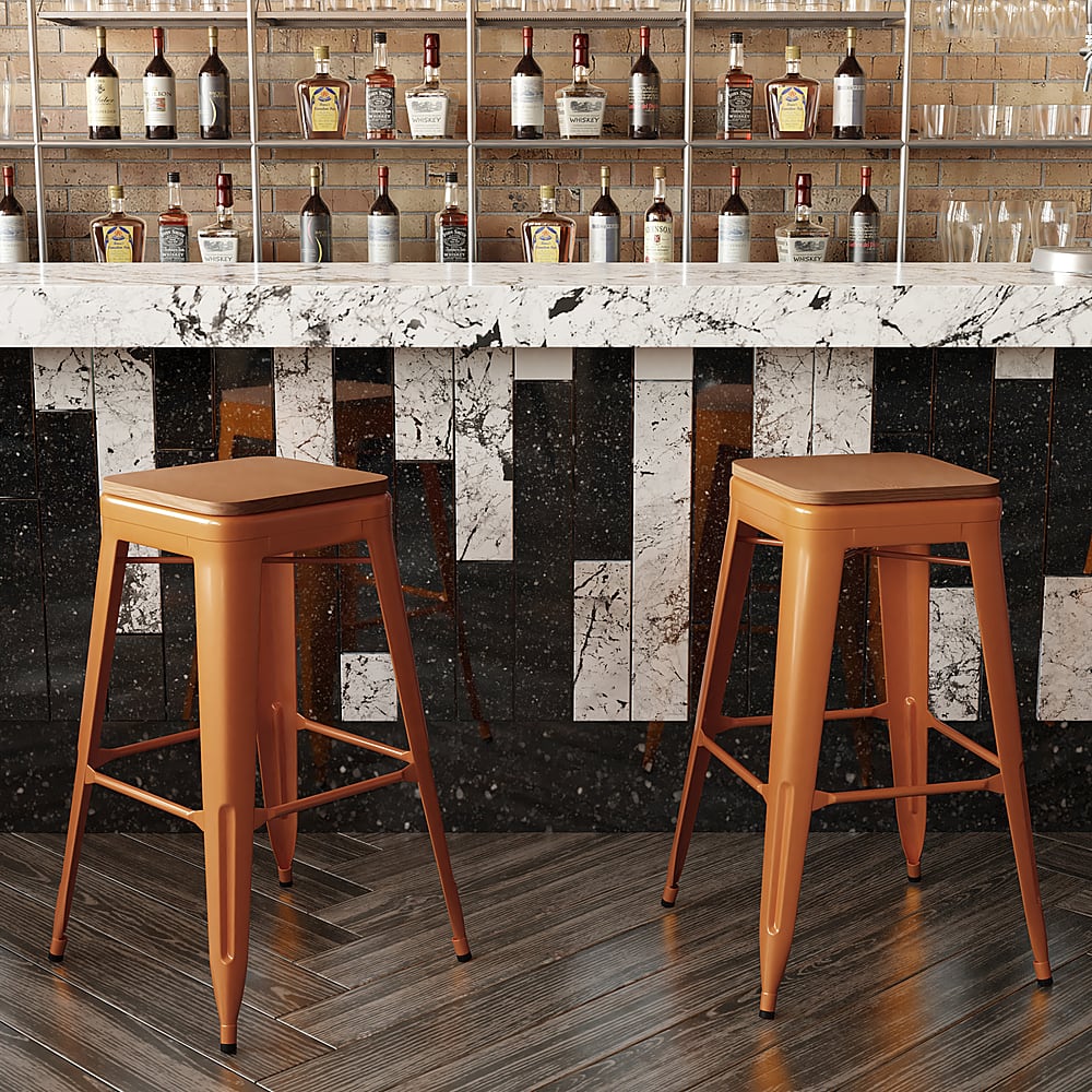 Alt View 14. Alamont Home - Kai Indoor/Outdoor Backless Bar Stool with Poly Seat - Orange/Teak - Orange/Teak.