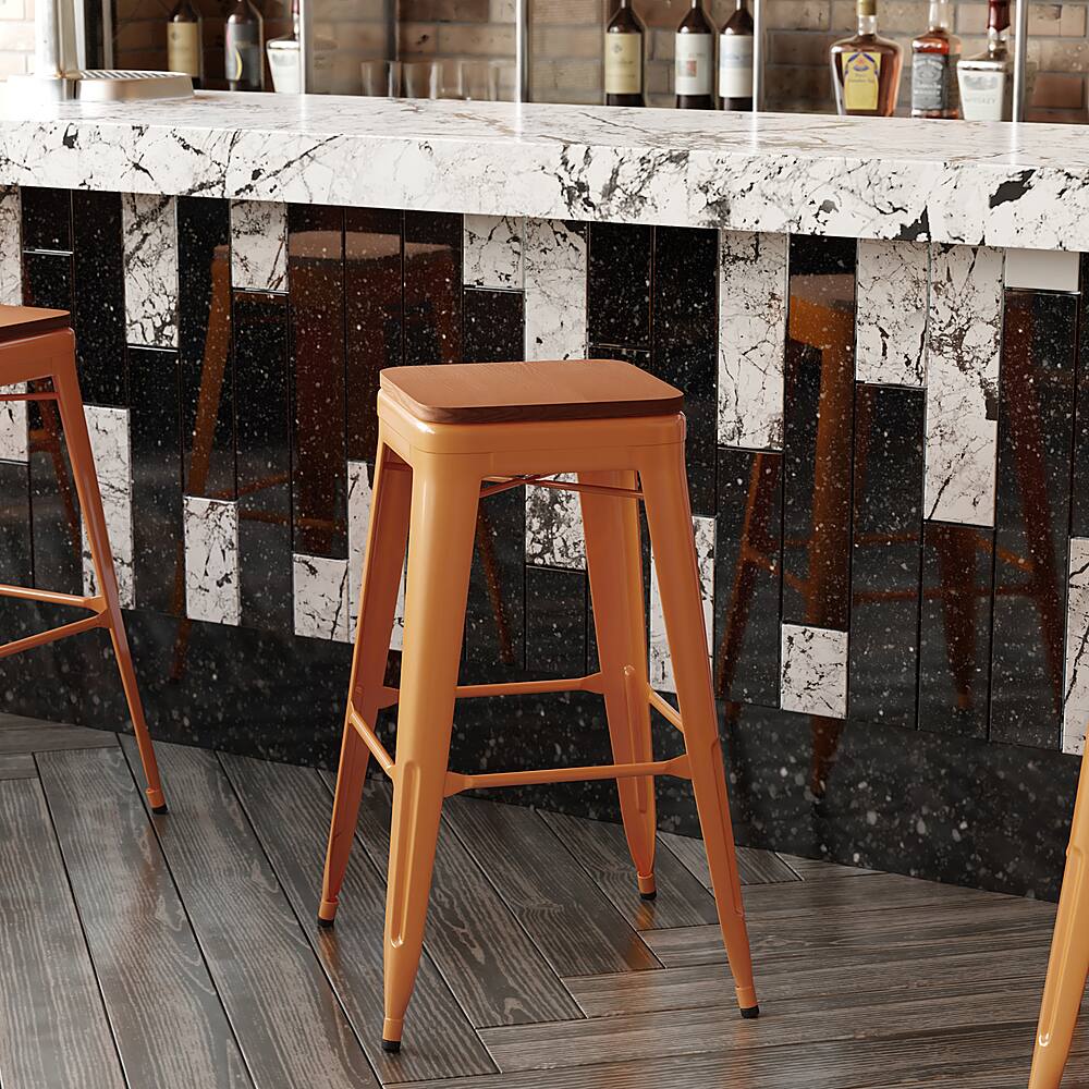 Alt View 15. Alamont Home - Kai Indoor/Outdoor Backless Bar Stool with Poly Seat - Orange/Teak - Orange/Teak.