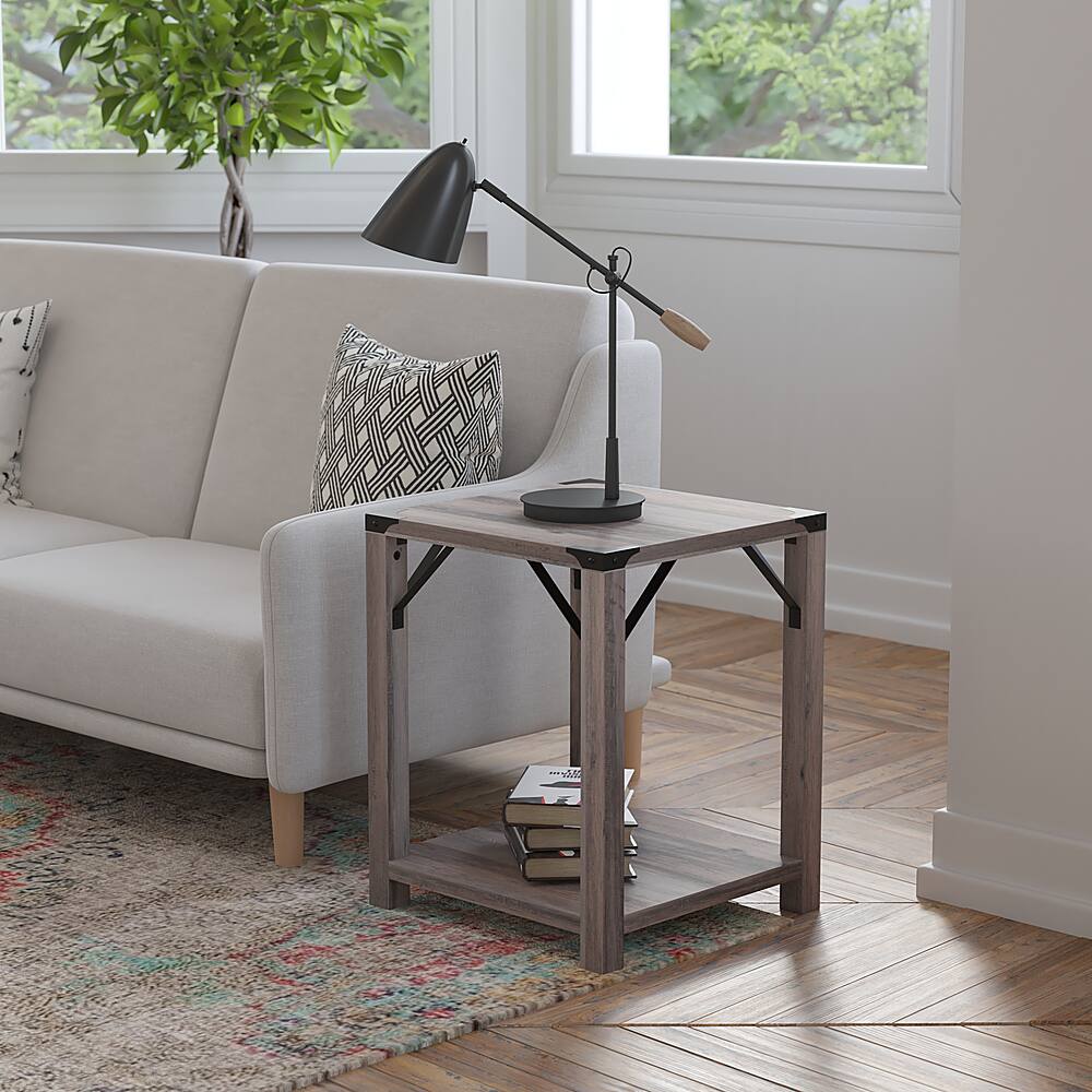 Alt View 12. Alamont Home - 2-Tier Side Table with Metal Side Braces and Corner Caps - Gray Wash.