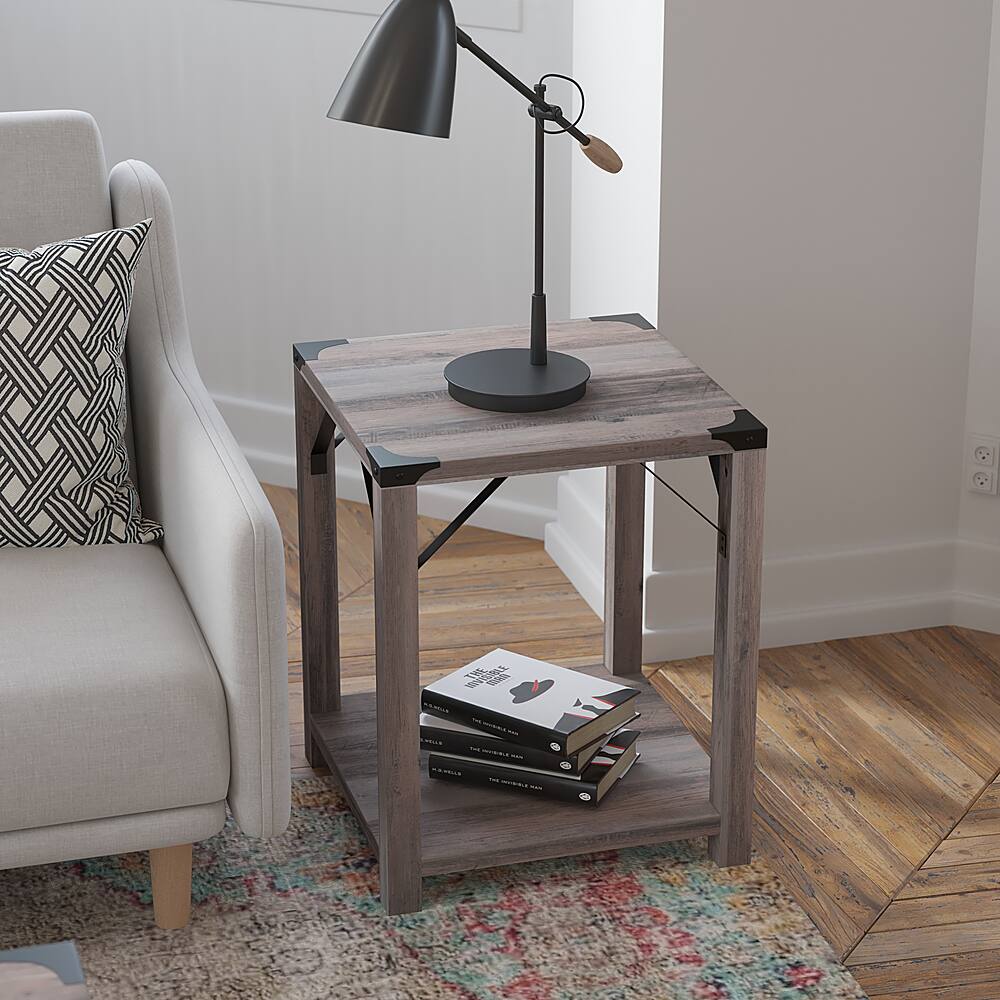 Alt View 14. Alamont Home - 2-Tier Side Table with Metal Side Braces and Corner Caps - Gray Wash.