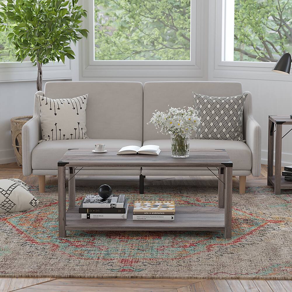 Alt View 12. Alamont Home - 2-Tier Coffee Table with Metal Side Braces and Corner Caps - Gray Wash.