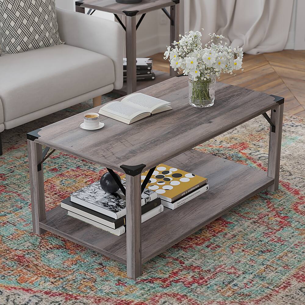 Alt View 14. Alamont Home - 2-Tier Coffee Table with Metal Side Braces and Corner Caps - Gray Wash.