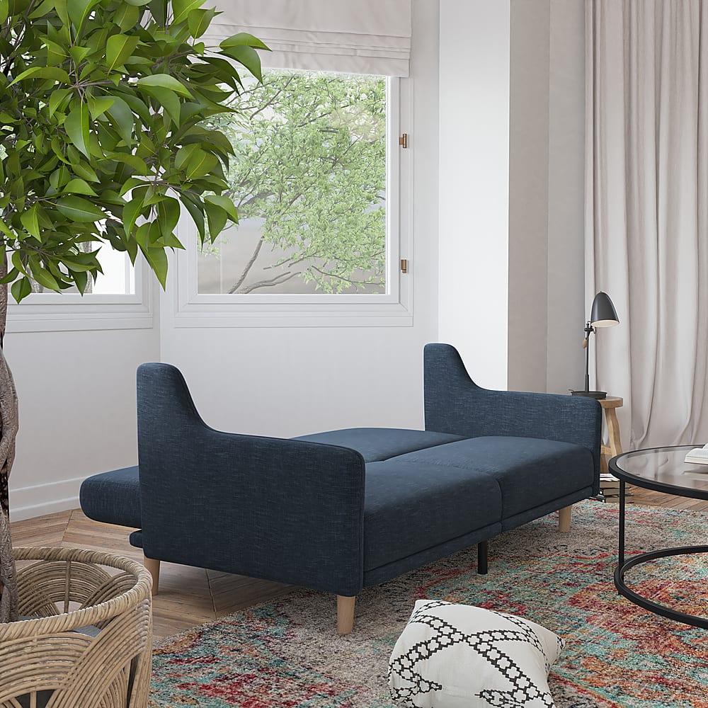 Alt View 14. Alamont Home - Split Back Futon Sofa with Curved Arms and Solid Wood Legs - Navy.