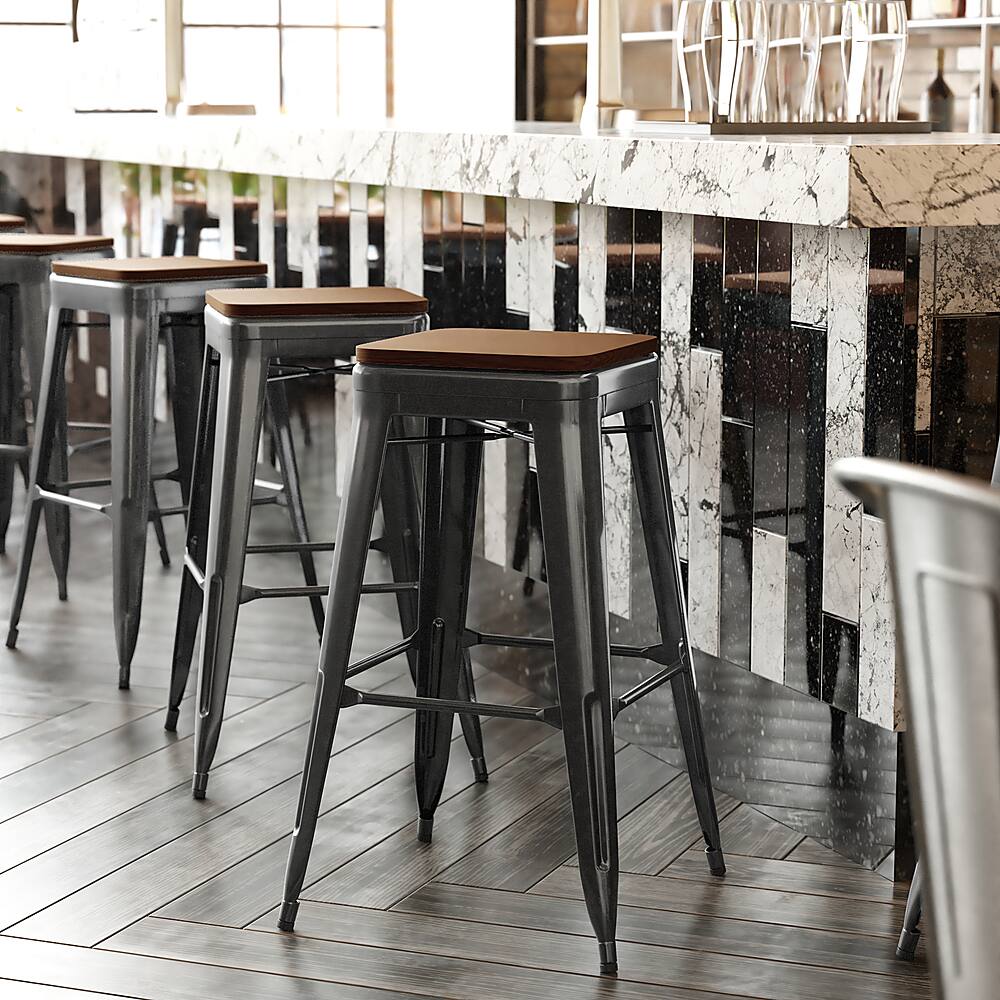 Alt View 11. Alamont Home - Kai Indoor/Outdoor Backless Bar Stool with Poly Seat - Black/Teak - Black/Teak.
