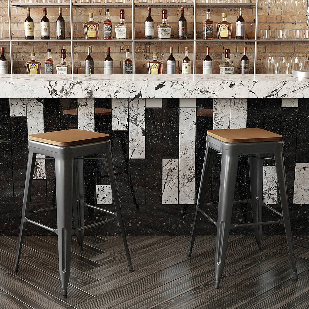 Alt View 14. Alamont Home - Kai Indoor/Outdoor Backless Bar Stool with Poly Seat - Black/Teak - Black/Teak.