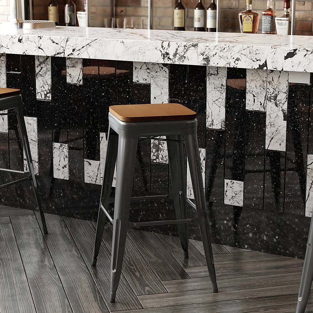 Alt View 15. Alamont Home - Kai Indoor/Outdoor Backless Bar Stool with Poly Seat - Black/Teak - Black/Teak.