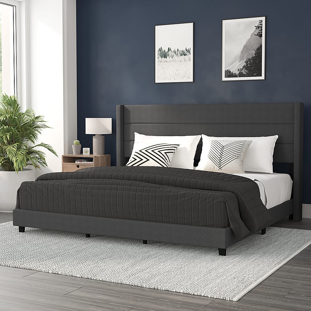 Alt View 12. Alamont Home - Hollis King Size Upholstered Platform Bed with Wingback Headboard - Charcoal.