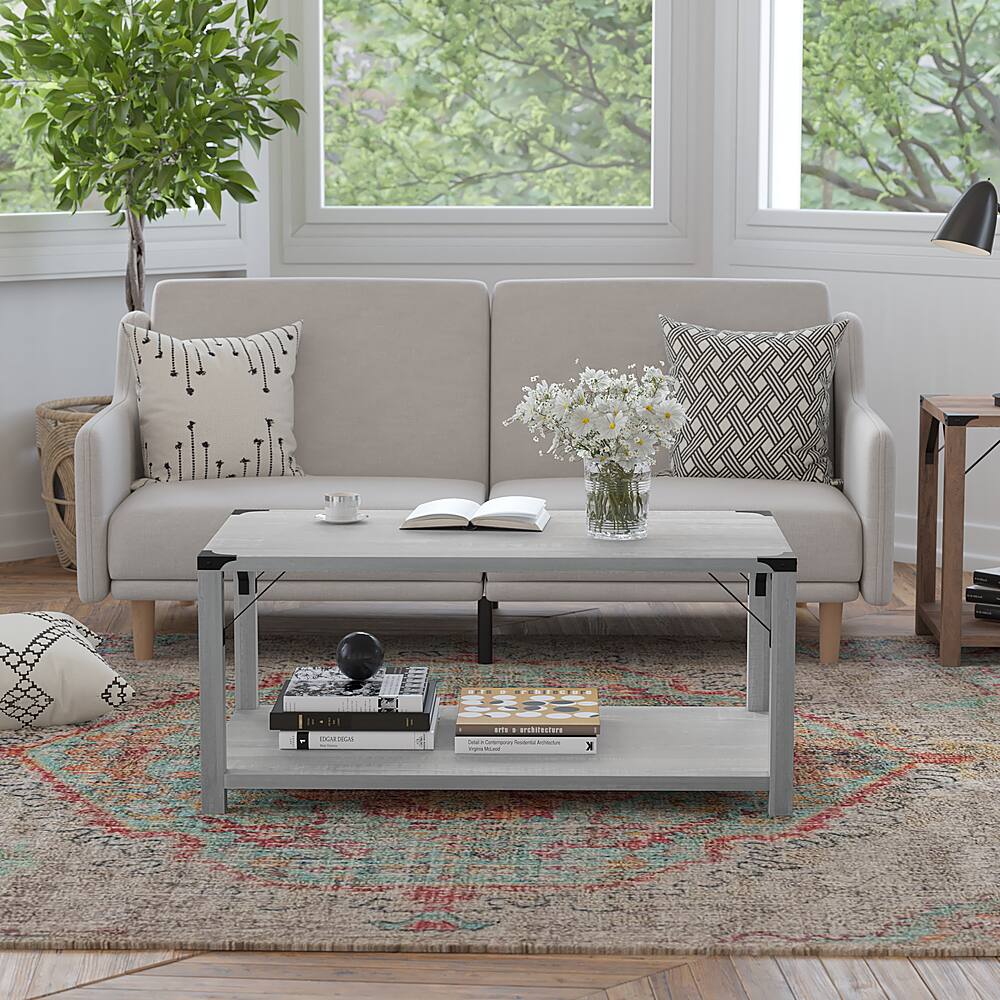 Alt View 12. Alamont Home - 2-Tier Coffee Table with Metal Side Braces and Corner Caps - Aspen Gray.
