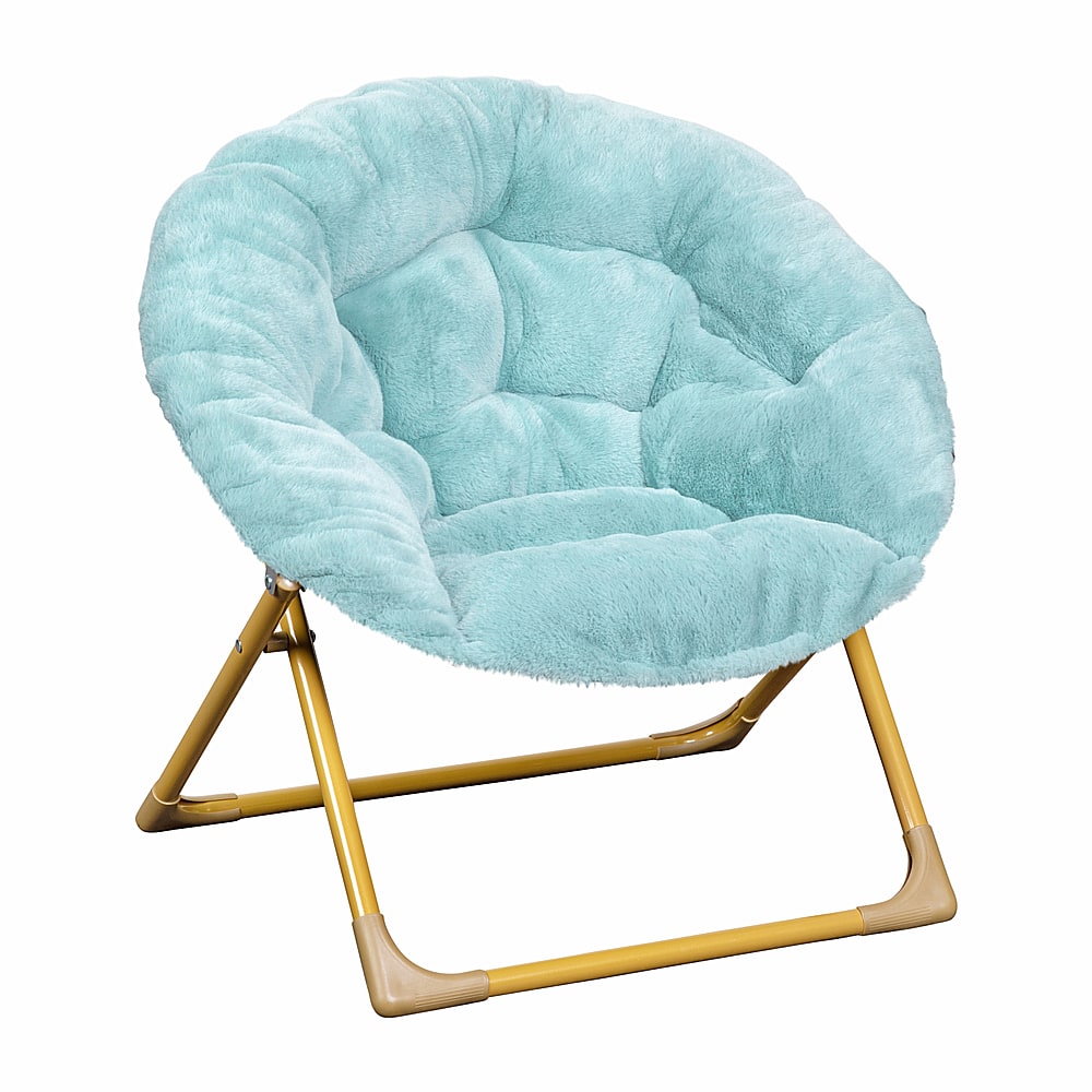 Front. Alamont Home - Kids Folding Faux Fur Saucer Chair for Playroom or Bedroom - Dusty Aqua/Soft Gold.