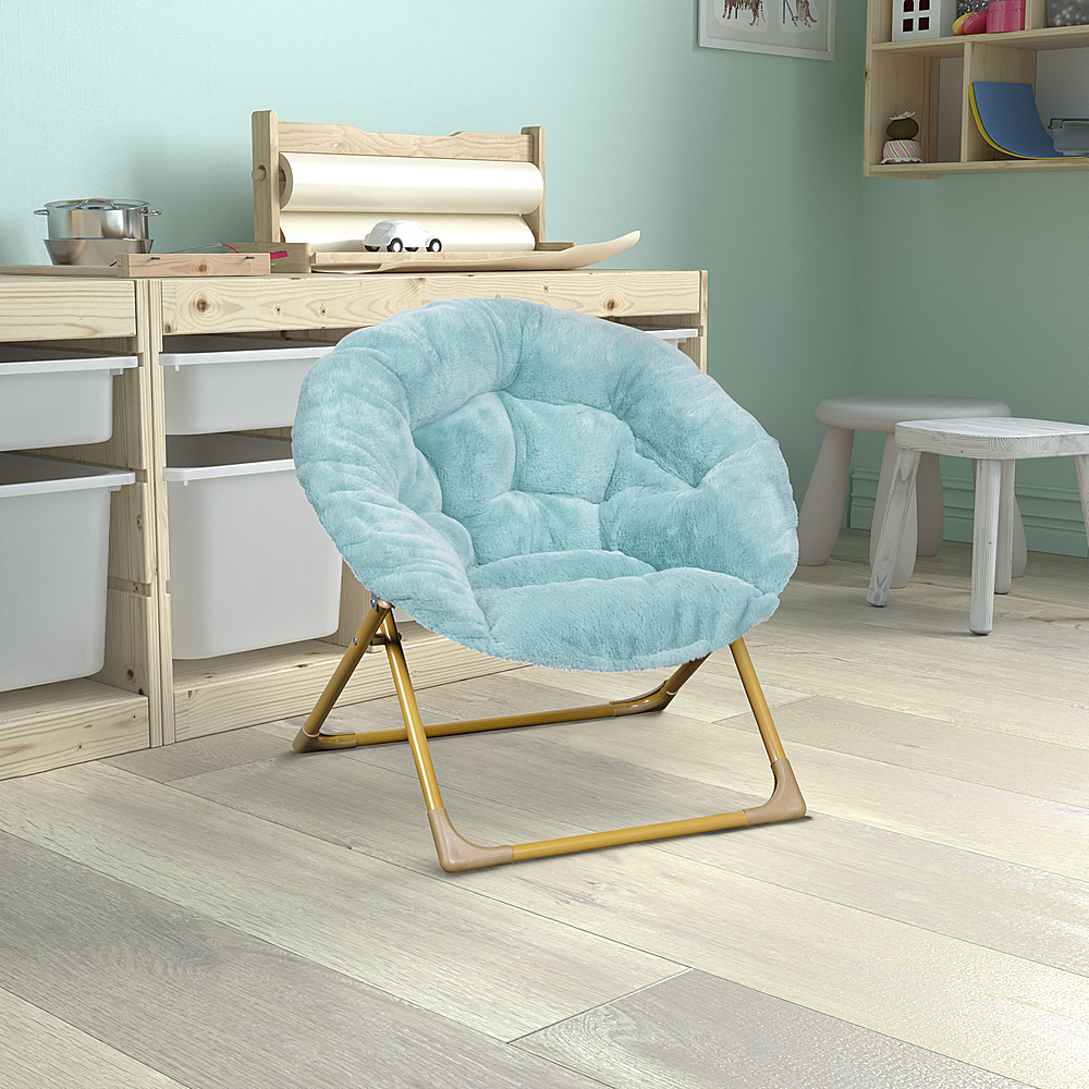 Alt View 12. Alamont Home - Kids Folding Faux Fur Saucer Chair for Playroom or Bedroom - Dusty Aqua/Soft Gold.