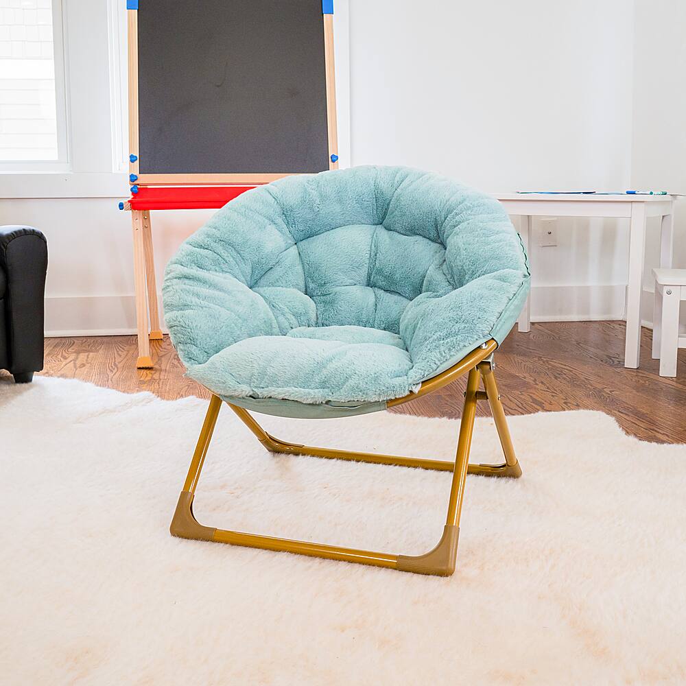 Alt View 15. Alamont Home - Kids Folding Faux Fur Saucer Chair for Playroom or Bedroom - Dusty Aqua/Soft Gold.