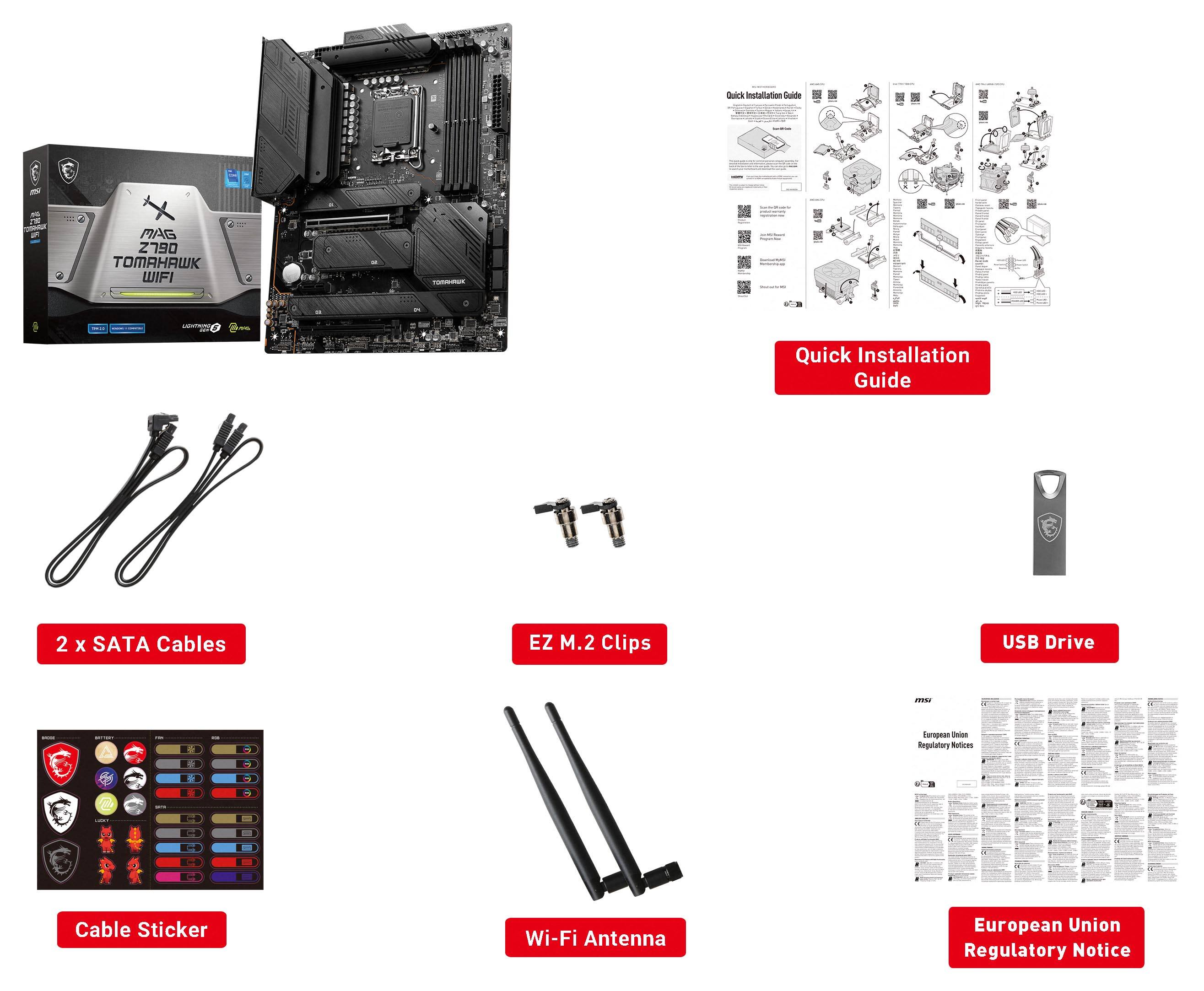 The image features a motherboard and its components, including a quick installation guide, USB drive, and Wi-Fi antenna. There are also two SATA cables and an EZ M.2 clip. The image is organized in a way that highlights the different parts of the motherboard and their functions.