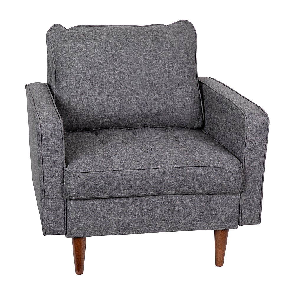 Front. Alamont Home - Compact Upholstered Tufted Chair with Wooden Legs - Dark Gray.