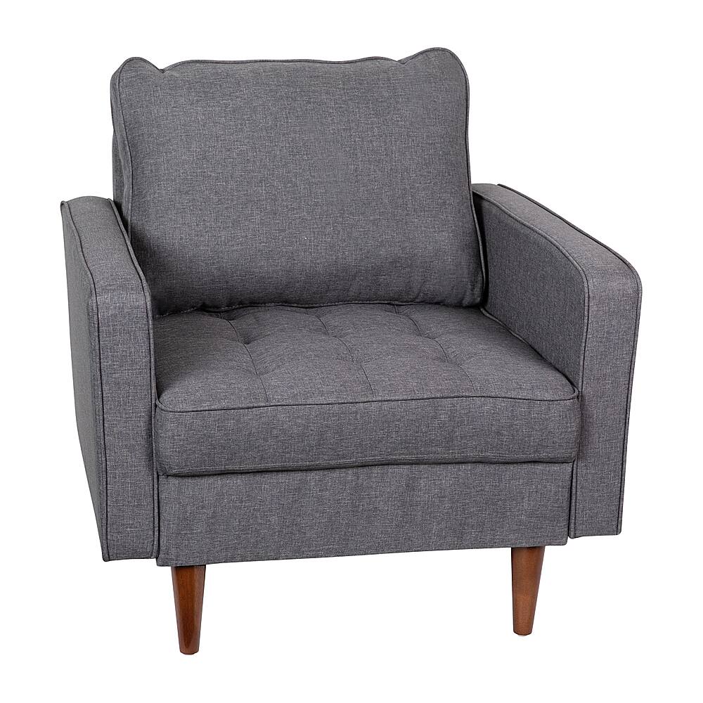 Front. Alamont Home - Compact Upholstered Tufted Chair with Wooden Legs - Dark Gray.