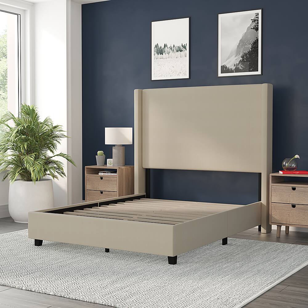 Alt View 14. Alamont Home - Quinn Full Size Upholstered Platform Bed with Channel Stitched Headboard - Beige.