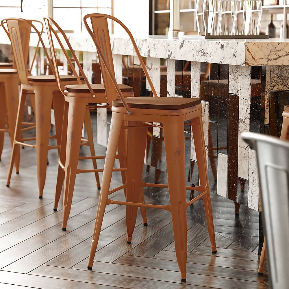 Alt View 12. Alamont Home - Carly All-Weather Bar Height Stool with Poly Resin Seat - Orange/Teak - Orange/Teak.