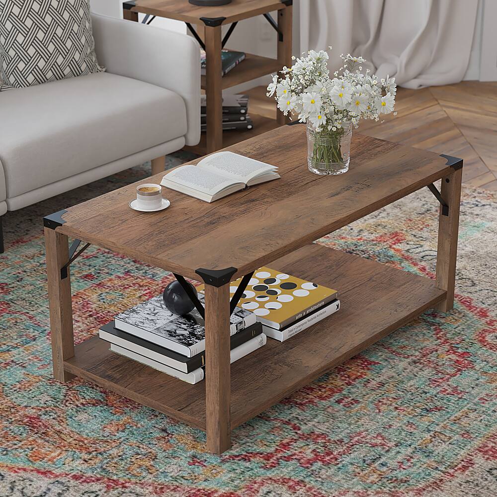 Alt View 14. Alamont Home - 2-Tier Coffee Table with Metal Side Braces and Corner Caps - Rustic Oak.