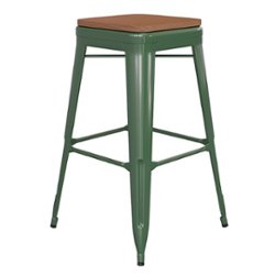 Flash Furniture - Kai Indoor/Outdoor Backless Bar Stool with Poly Seat - Green/Teak - Front_Zoom