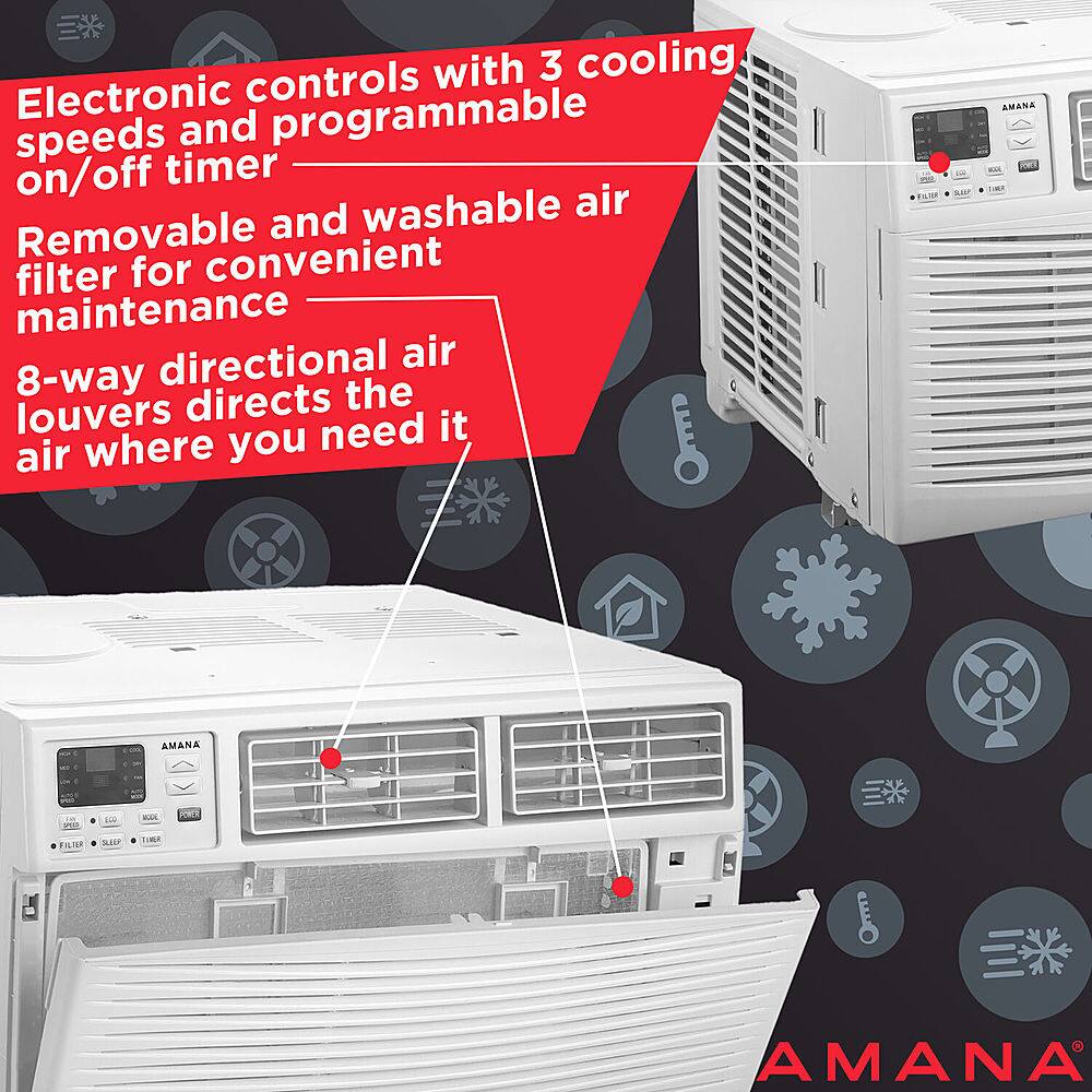 The text on the image is grouped and corrected as follows:

Electronic controls with 3 cooling speeds and on/off timer
Washable air filter for convenient maintenance
Removable and washable air filter for easy cleaning
Directional air louvers for better airflow control
8-way direct air louvers for optimal air distribution
Amana - the air conditioner brand you can trust

The corrected text provides a clear and concise description of the features of the Amana air conditioner.