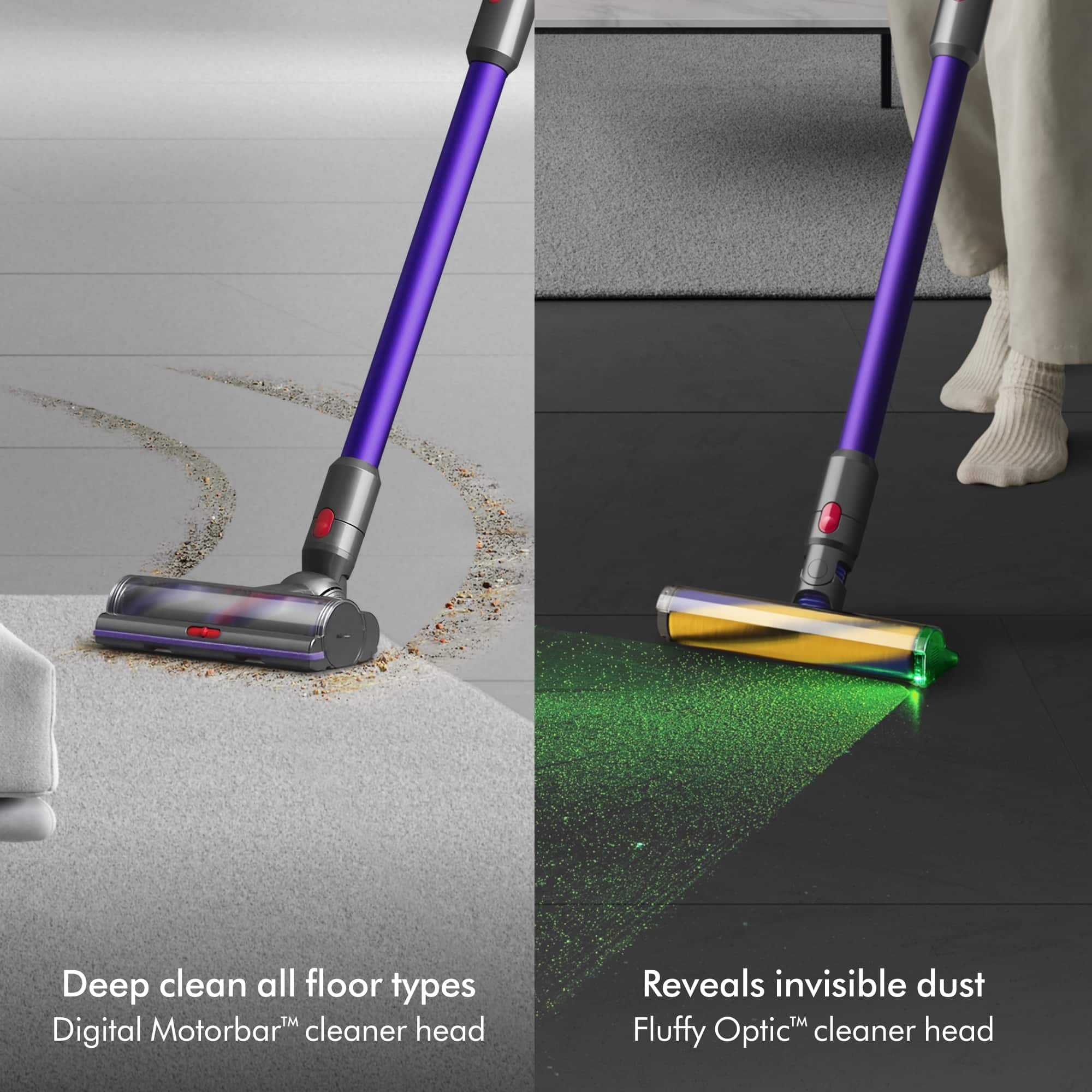 The image features a purple vacuum cleaner with a green light on it, which is advertising its features. The text on the image reads: "Deep clean all floor types," "Digital MotorbarTM cleaner head," "Reveals invisible dust TM," and "Fluffy OpticM cleaner head."