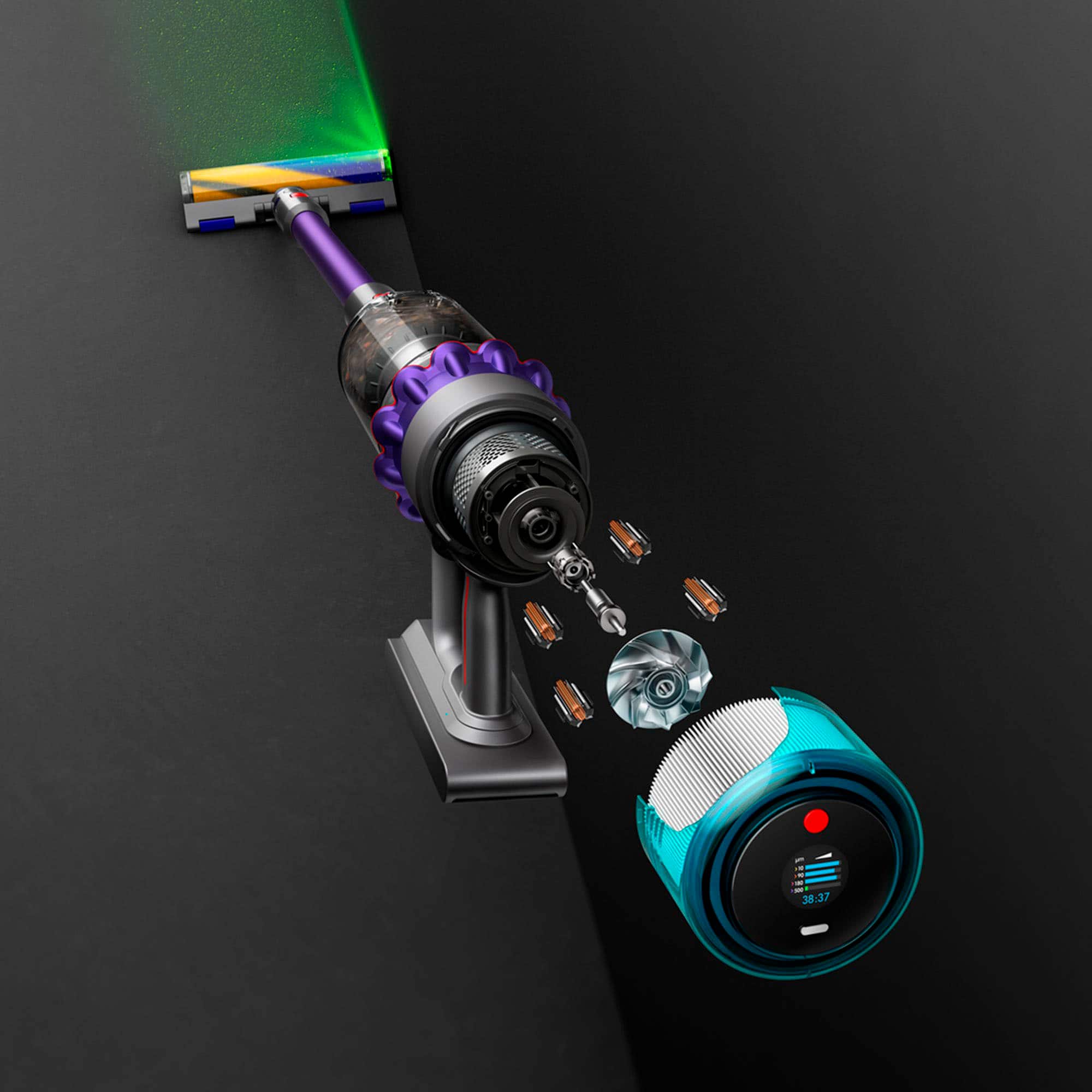 The most powerful HEPA cordless vacuum. It illuminates invisible dust, sucks up dust, dirt, and debris. The image also shows when your floor is clean.