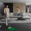 Clean up high: The woman is holding a vacuum cleaner and cleaning the ceiling.
Clean everywhere in between: The woman is cleaning the floor in between the couches.
Deep clean carpets: The woman is cleaning the carpet on the floor.
Deep cleans hard floors: The woman is cleaning the hard floors in the room.