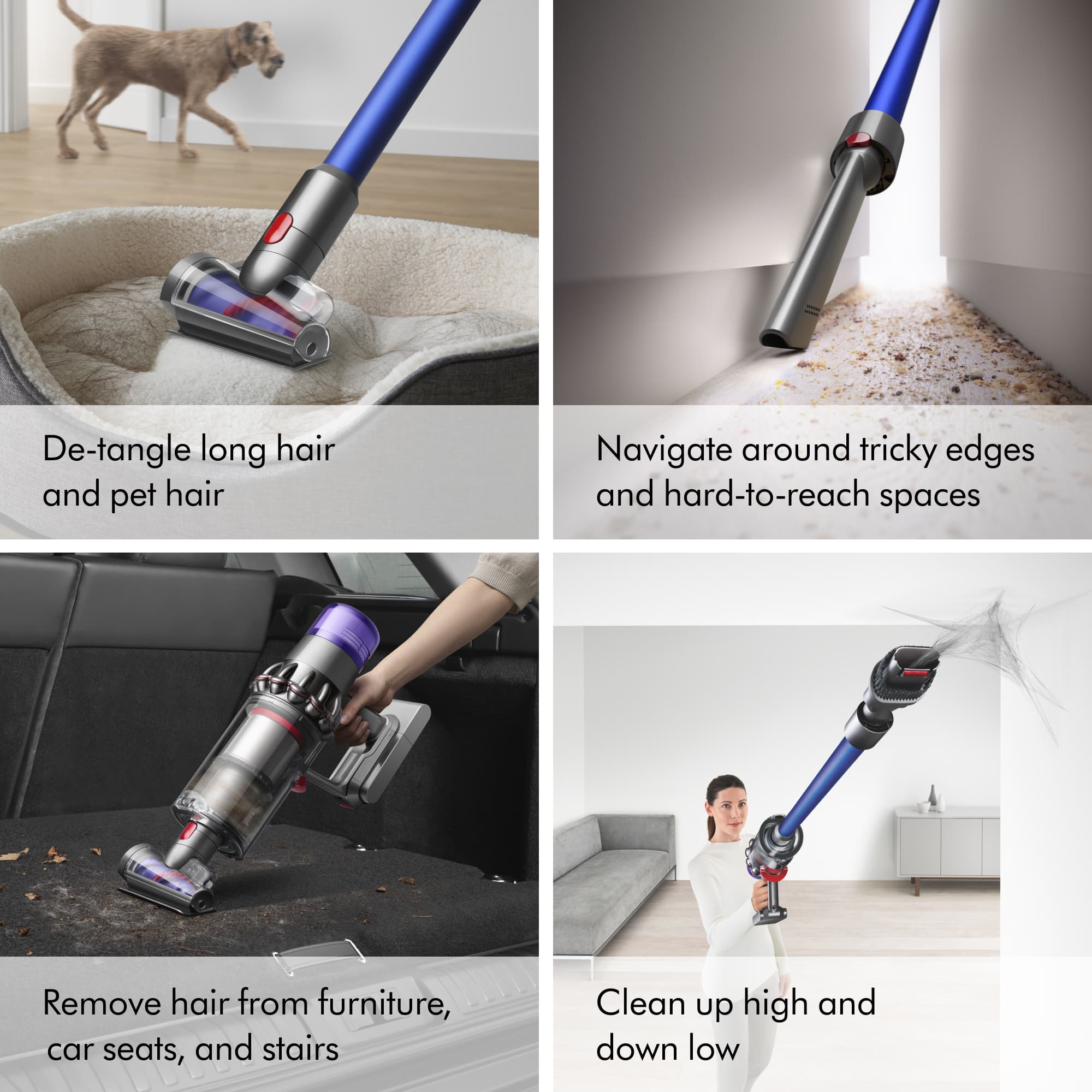 The image showcases a handheld vacuum being used to clean various surfaces and objects. The vacuum is being used to remove hair from furniture, car seats, and stairs, as well as cleaning up high and down low. The image also highlights the vacuum's ability to navigate around tricky edges and hard-to-reach spaces, making it an effective tool for cleaning in tight spaces. Additionally, the vacuum is designed to de-tangle long hair and pet hair, making it a versatile and useful tool for maintaining cleanliness in the home.