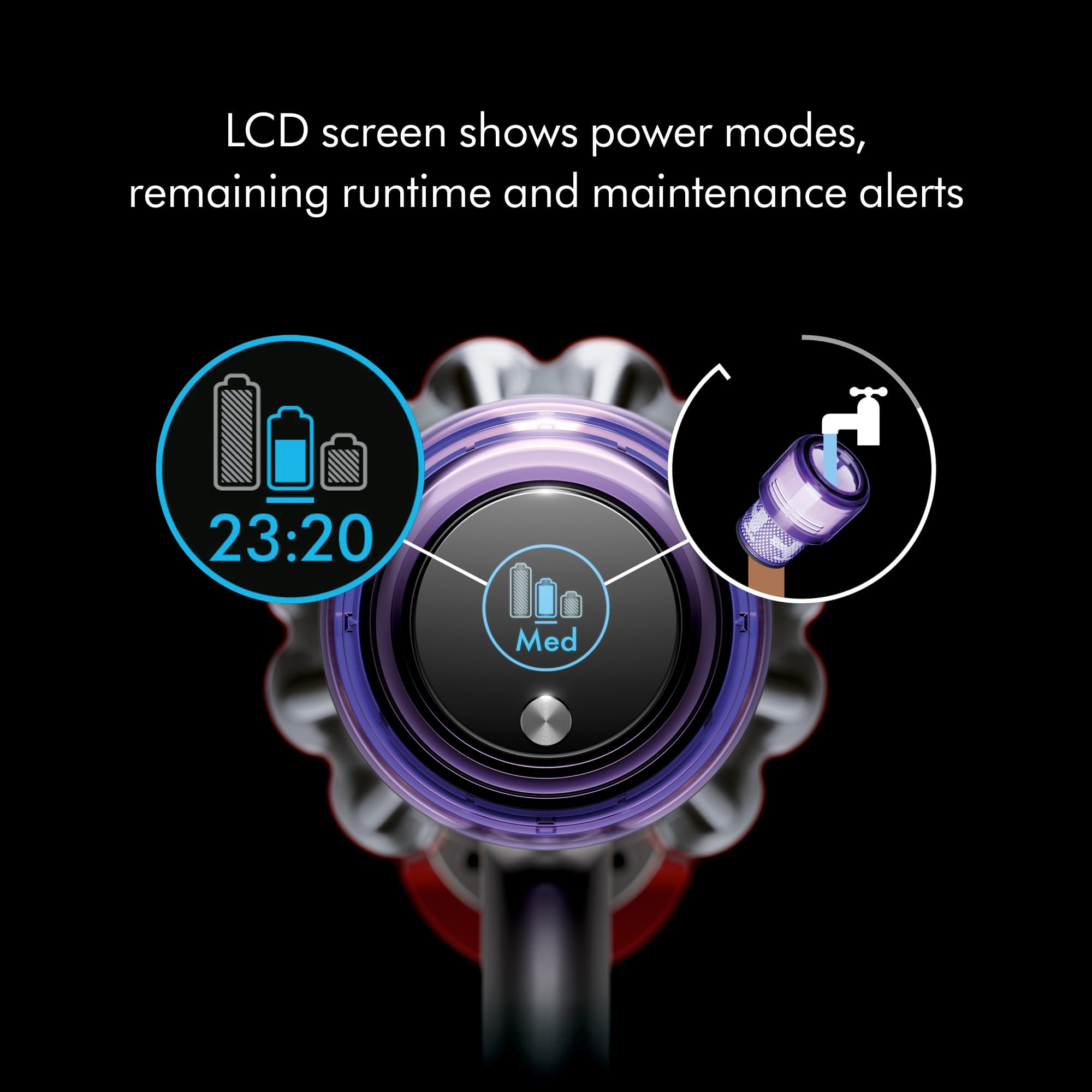 The image features a handheld vacuum with a large LCD screen that displays power modes, remaining runtime, and maintenance alerts. The screen is prominently displayed, taking up a significant portion of the image. The vacuum is designed to provide users with essential information about the device's performance and maintenance needs, ensuring efficient and safe use.