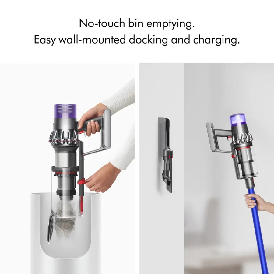 The image showcases a handheld vacuum cleaner with a no-touch bin emptying feature, making it easy to use and maintain. The vacuum is wall-mounted, allowing for easy docking and charging when not in use. The person in the image is demonstrating the use of the vacuum, holding it in their hand and showing the no-touch bin emptying feature. This vacuum cleaner is designed for convenience and efficient cleaning.