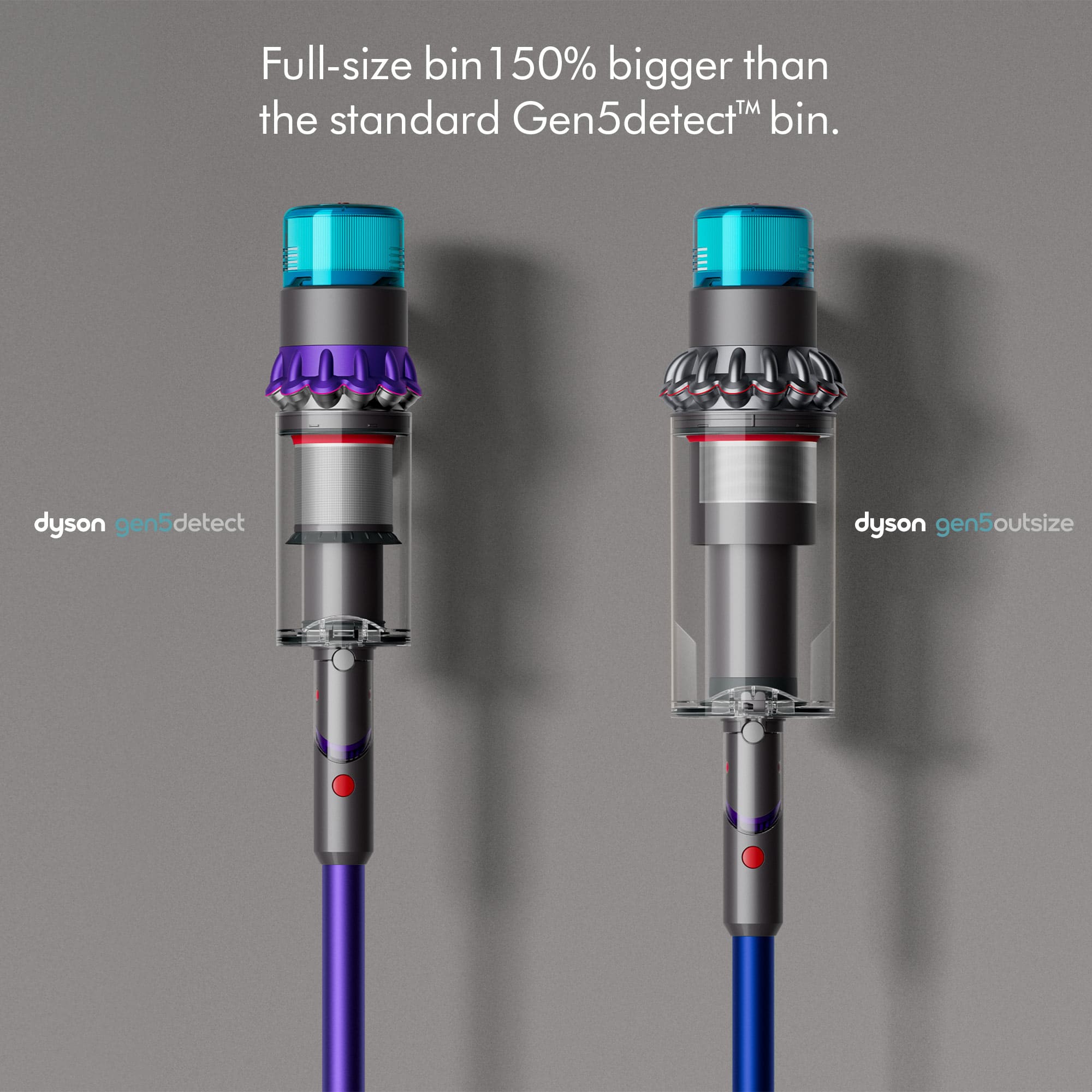 The image showcases two full-size vacuum cleaners with purple and blue attachments. The vacuum cleaners are designed with a larger bin, which is 150% bigger than the standard Gen5detect bin. These vacuum cleaners are part of the Dyson Gen5outsize series, offering improved performance and efficiency in cleaning.