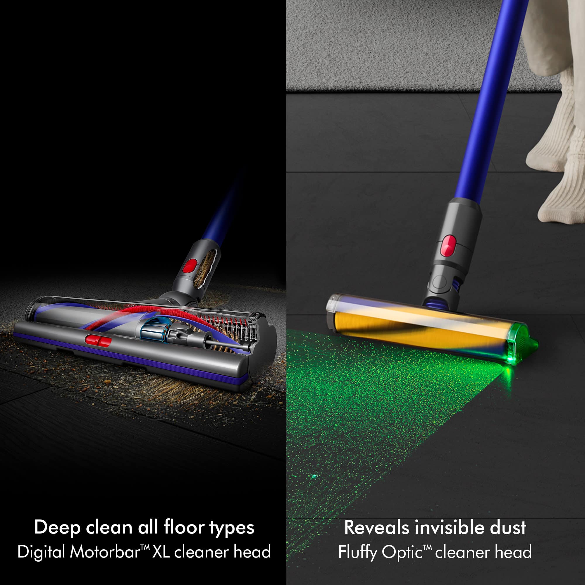 The image showcases two different vacuum cleaners, one with a blue handle and the other with a yellow handle. The blue handle vacuum is designed for deep cleaning all floor types, while the yellow handle vacuum is equipped with a digital Motorbar XL cleaner head that reveals invisible dust. Both vacuums are effective in cleaning various surfaces, making them suitable for different cleaning needs.