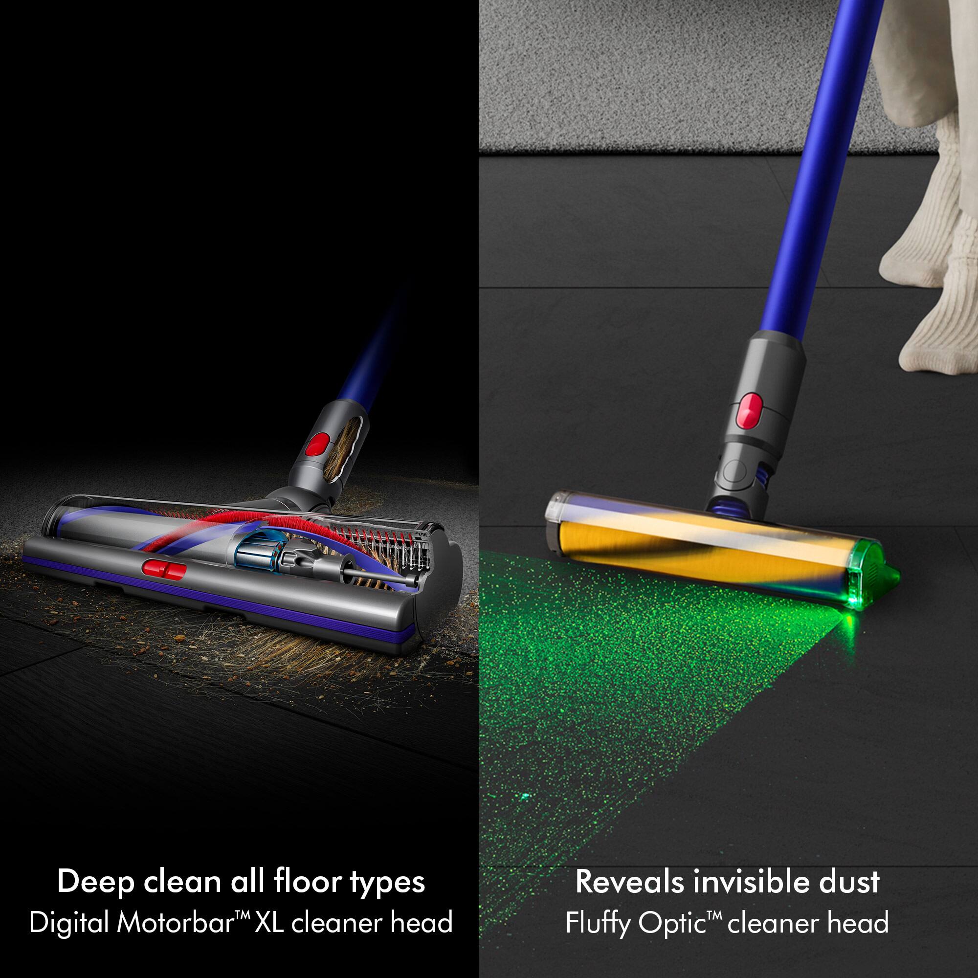 The image showcases two different vacuum cleaners, one with a blue handle and the other with a yellow handle. The blue handle vacuum is designed for deep cleaning all floor types, while the yellow handle vacuum is equipped with a digital Motorbar XL cleaner head that reveals invisible dust. Both vacuums are effective in cleaning various surfaces, making them suitable for different cleaning needs.