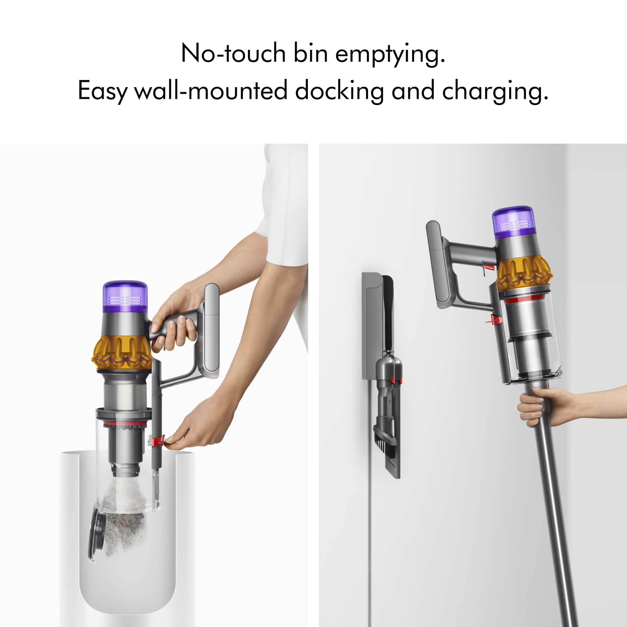 The image features a handheld vacuum cleaner with a blue attachment, which is being used to clean a white surface. The vacuum cleaner has a no-touch bin emptying feature, making it easy to maintain and operate. Additionally, the vacuum is wall-mounted, allowing for easy docking and charging when not in use.