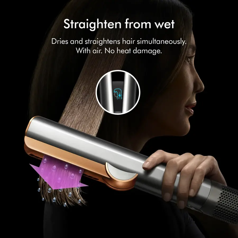 The image features a woman holding a hair straightener, which is designed to straighten hair from wet conditions. The device dries and straightens hair simultaneously, with air no heat damage.