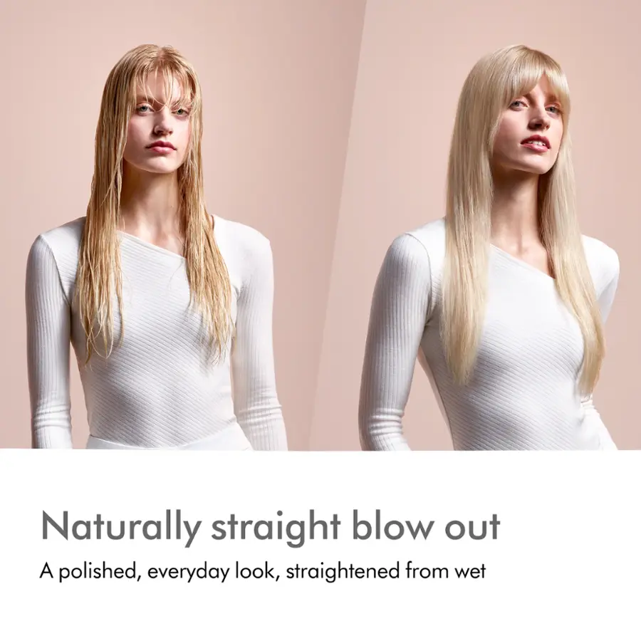 The image features two women with blonde hair, both wearing white shirts. One of the women has her hair styled in a straight blowout, while the other woman's hair is wet and unstyled. The image is likely promoting a hair care product or styling technique that results in a polished, everyday look straightened from wet hair.