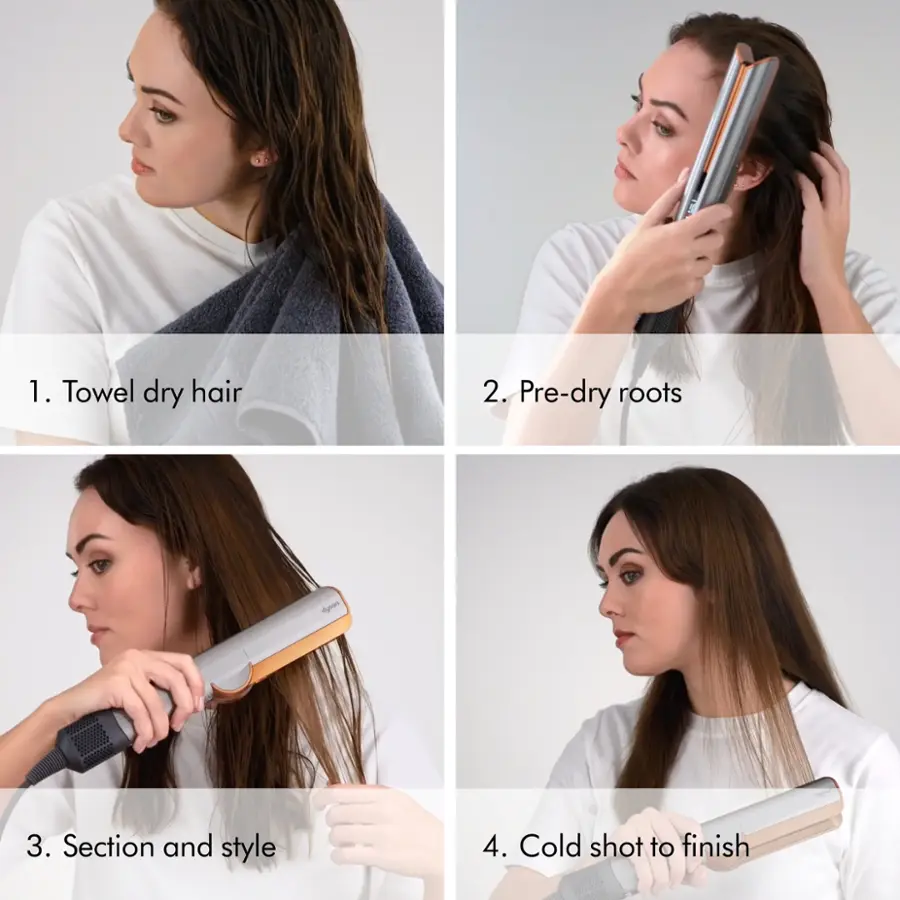 1. Towel dry hair 2. Pre-dry roots 3. Section and style 4. Cold shot to finish