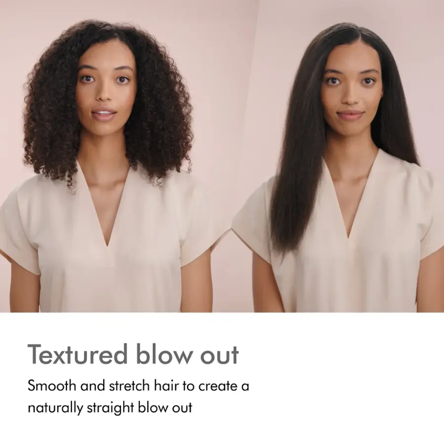 Textured blow out: Smooth and stretch hair to create a naturally straight blow out.