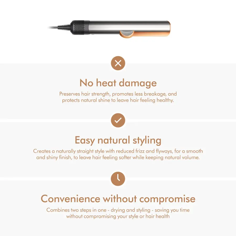 The image features a hair styling tool, which is a hair dryer. The hair dryer is placed next to a list of benefits, which are written in a large font. The benefits include:

1. No heat damage: The hair dryer preserves hair strength, promotes less breakage, and protects natural shine to leave hair feeling healthy.
2. Easy natural styling: The hair dryer creates a naturally straight style with reduced frizz and flyways, for a smooth and shiny finish, to leave hair feeling softer while keeping natural volume.
3. Convenience without compromise: The hair dryer combines two steps in one drying and styling - saving you time without compromising your style or hair health.