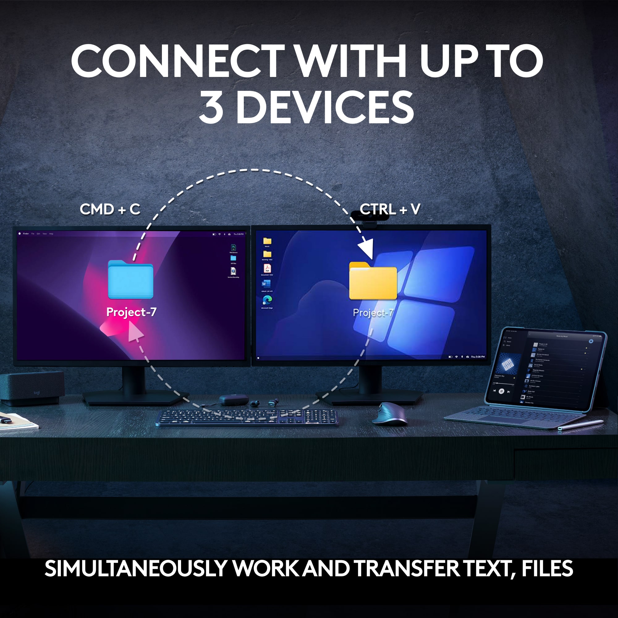 Connect with up to 3 devices using CMD + C and CTRL + V. Simultaneously work and transfer text, files.