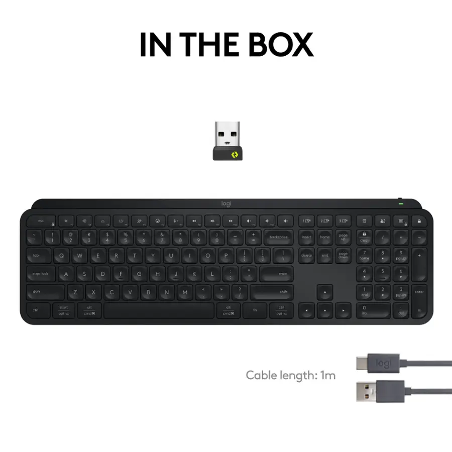 IN THE BOX logi. P . .   -. . -  . Q . + - - a - 7 - TO - . - .  10 129 a  - . I - 8 2 a 1 I 4 % 5 .  & 2 A : : e 0  . . blockspoce insen homa U - a - & der G W E K 1 Y U I O P I - I - I I deiete and bage duwm 7 home 8 9 PI e . cnps Dck A 5 D F G H J K L : 1 erter 4 . 5 & . sn Z x C V B N M - . 1 / shitt - 1 and 2 5  a ernar 2 set  1 a cmn an cmER in  opt V 0 ina E Cable length: 1m logi.