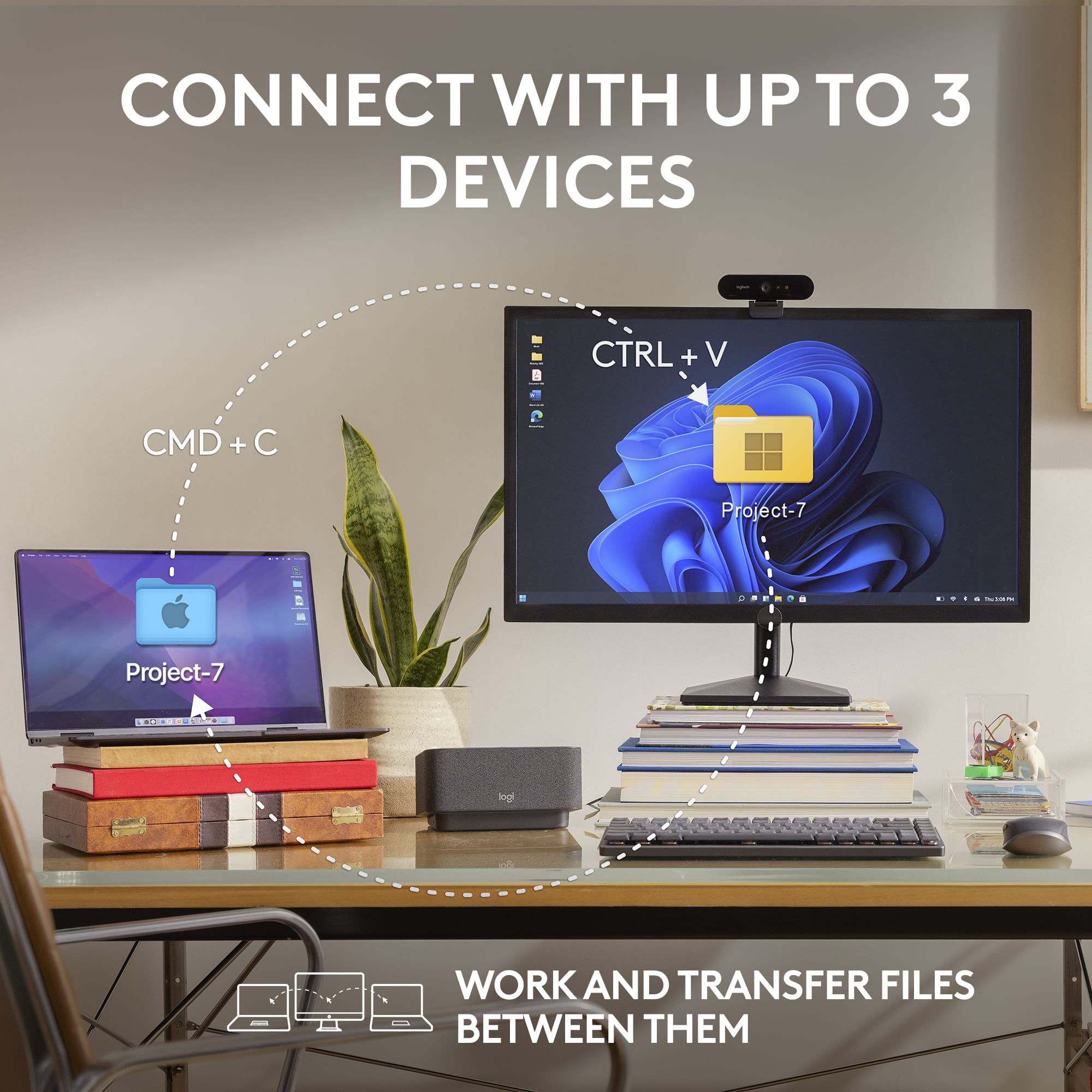 Connect with up to 3 devices using 1 Ctrl + V or CMD + V. Work and transfer files between them.