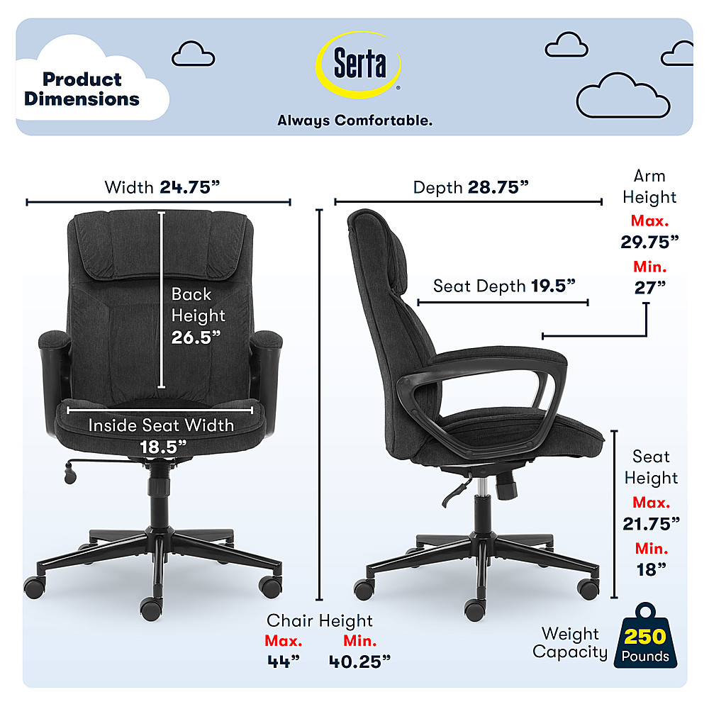 Left View: Serta - Hannah Upholstered Executive Office Chair with Pillowed Headrest - Charcoal Gray