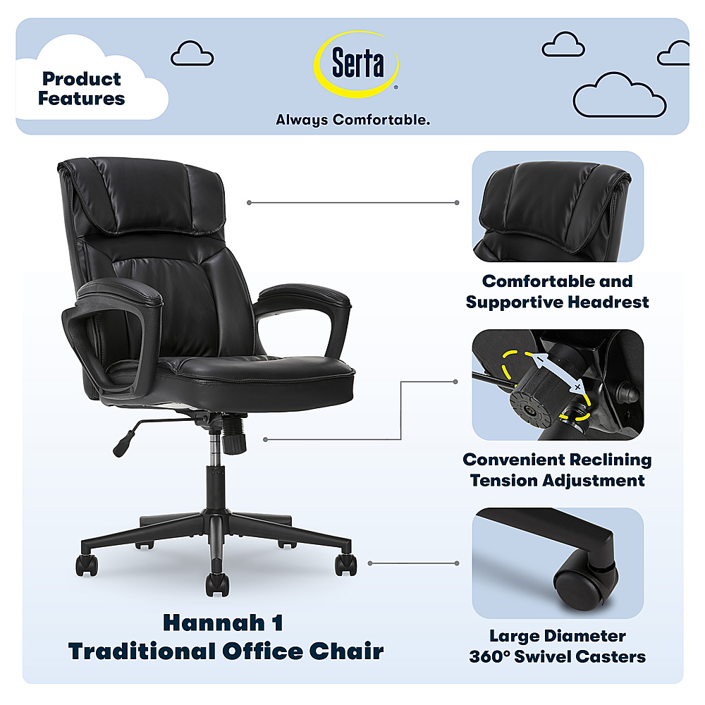 Serta Style Hannah I Bonded Leather High-Back Office Chair, Comfort Black