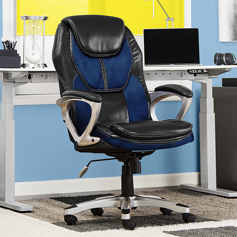 Angle View: Serta - Amplify Work or Play Ergonomic High-Back Faux Leather Swivel Executive Chair with Mesh Accents - Black and Cobalt Blue
