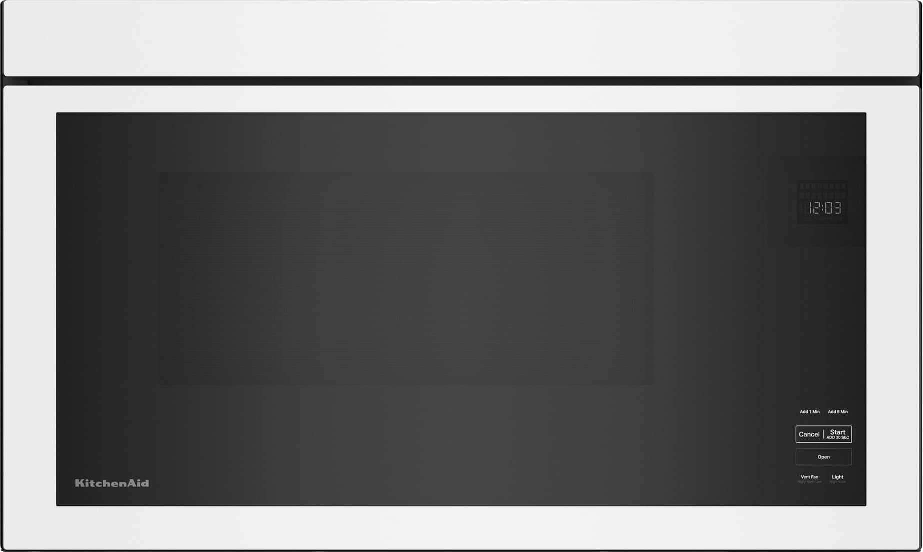 The largest text in the image reads "12:03." The image is a close-up of a microwave oven, which is a kitchen appliance designed for heating and cooking food. The microwave is white and has a black screen. The time displayed on the screen is "12:03."