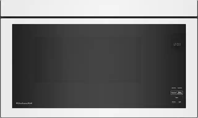 The largest text in the image reads "12:03." The image is a close-up of a microwave oven, which is a kitchen appliance designed for heating and cooking food. The microwave is white and has a black screen. The time displayed on the screen is "12:03."